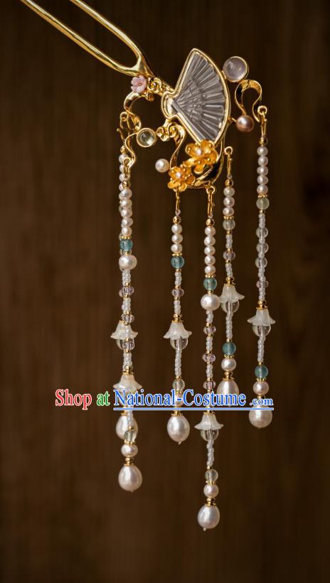 China Ancient Court Crystal Fan Hair Accessories Traditional Ming Dynasty Princess Pearls Tassel Hairpin Hanfu Step Shake