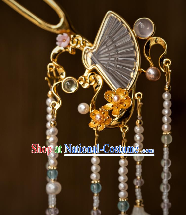 China Ancient Court Crystal Fan Hair Accessories Traditional Ming Dynasty Princess Pearls Tassel Hairpin Hanfu Step Shake