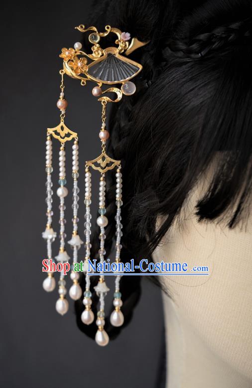 China Ancient Court Crystal Fan Hair Accessories Traditional Ming Dynasty Princess Pearls Tassel Hairpin Hanfu Step Shake