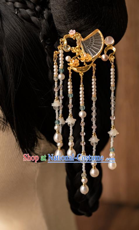 China Ancient Court Crystal Fan Hair Accessories Traditional Ming Dynasty Princess Pearls Tassel Hairpin Hanfu Step Shake