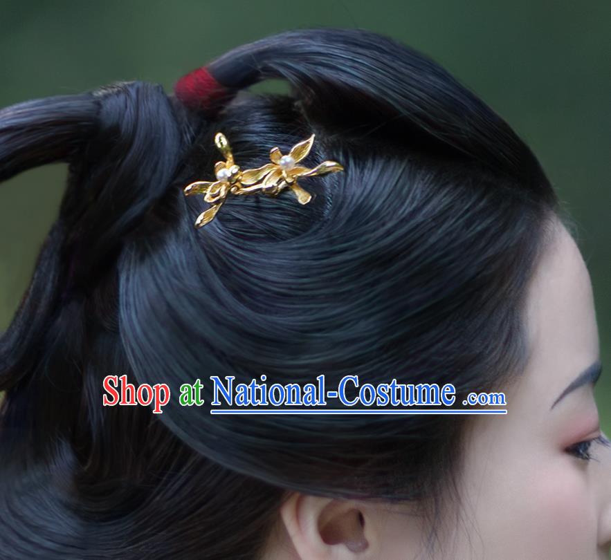 China Traditional Ming Dynasty Gilding Orchid Hairpin Hanfu Hair Accessories Ancient Court Hair Stick