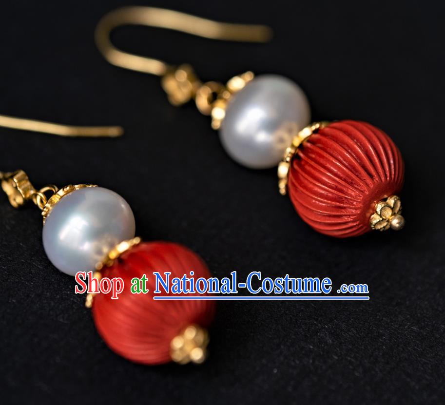 China Traditional Hanfu Cinnabar Earrings Ancient Qing Dynasty Ear Jewelry