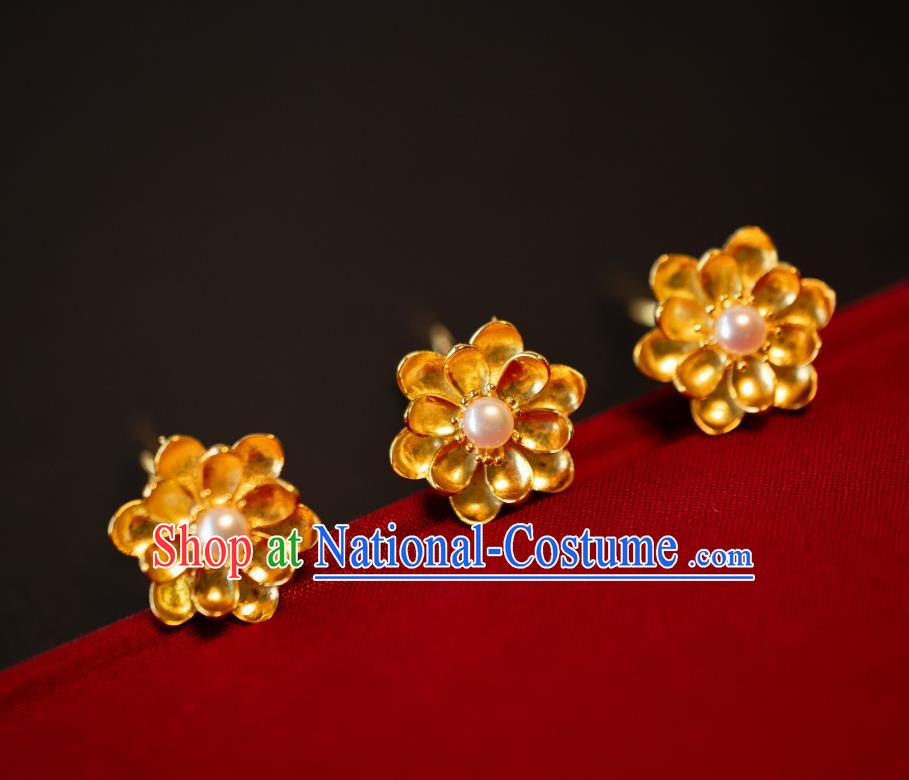 China Tang Dynasty Hanfu Little Hair Clips Ancient Princess Pearl Hairpin Traditional Gilding Lotus Hair Accessories