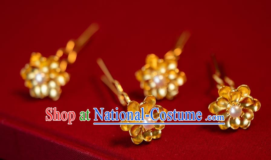 China Tang Dynasty Hanfu Little Hair Clips Ancient Princess Pearl Hairpin Traditional Gilding Lotus Hair Accessories