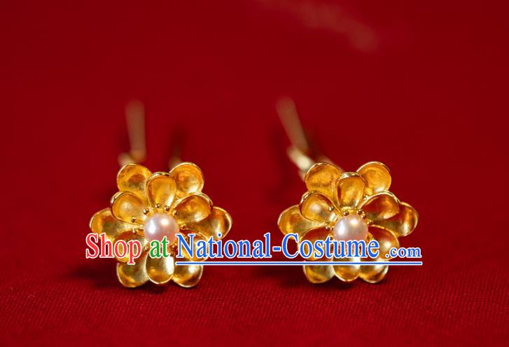 China Tang Dynasty Hanfu Little Hair Clips Ancient Princess Pearl Hairpin Traditional Gilding Lotus Hair Accessories