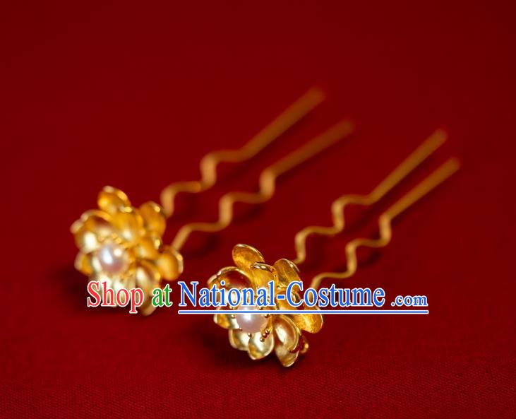 China Tang Dynasty Hanfu Little Hair Clips Ancient Princess Pearl Hairpin Traditional Gilding Lotus Hair Accessories