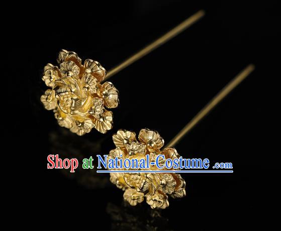 China Traditional Golden Peony Hair Accessories Handmade Ancient Empress Hairpin Ming Dynasty Hanfu Hair Stick for Women