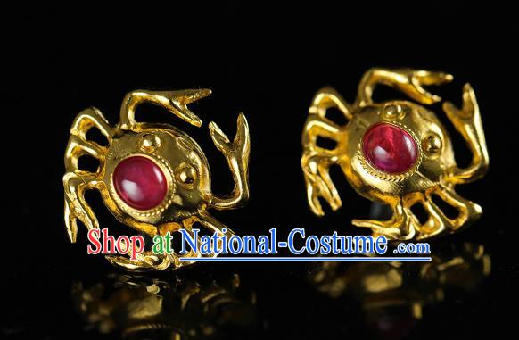 Handmade Chinese Traditional Ming Dynasty Gems Ear Accessories Jewelry Ancient Court Empress Golden Crab Earrings