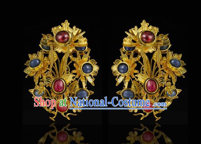 China Traditional Gems Hair Accessories Handmade Ming Dynasty Palace Hair Crown Ancient Queen Golden Hairpin for Women