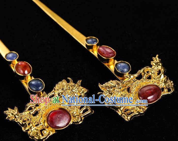 China Traditional Golden Dragon Hair Accessories Handmade Ming Dynasty Palace Gems Hair Clips Ancient Queen Hairpin for Women