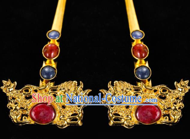 China Traditional Golden Dragon Hair Accessories Handmade Ming Dynasty Palace Gems Hair Clips Ancient Queen Hairpin for Women