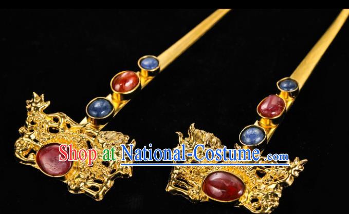 China Traditional Golden Dragon Hair Accessories Handmade Ming Dynasty Palace Gems Hair Clips Ancient Queen Hairpin for Women