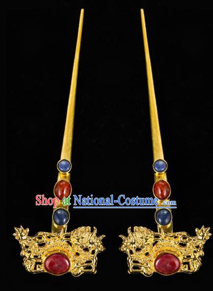 China Traditional Golden Dragon Hair Accessories Handmade Ming Dynasty Palace Gems Hair Clips Ancient Queen Hairpin for Women