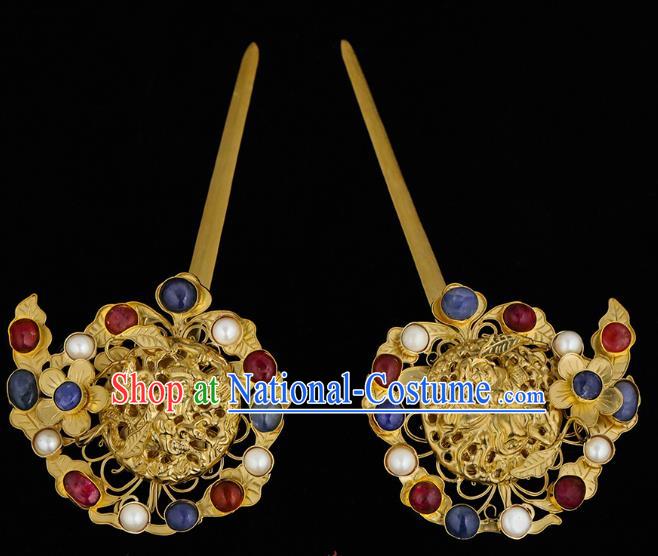 China Traditional Hair Accessories Handmade Ming Dynasty Court Hair Clips Ancient Queen Gems Golden Hairpin for Women