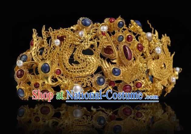 China Traditional Court Hair Accessories Handmade Ming Dynasty Gems Hair Crown Ancient Empress Golden Dragon Hairpin for Women