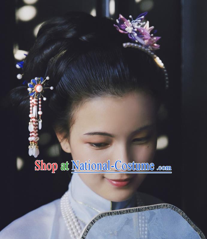 China Ming Dynasty Noble Woman Hair Accessories Traditional Hanfu Tassel Step Shake Ancient Enamel Hairpin