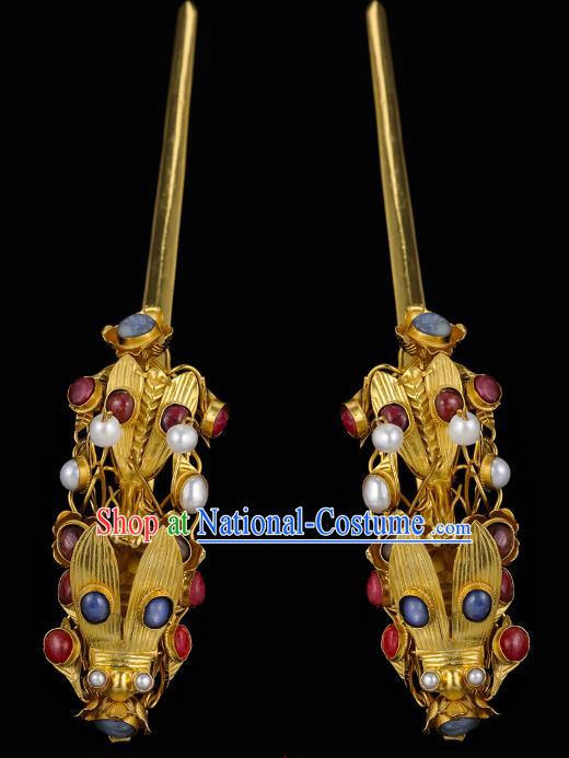 China Traditional Handmade Hair Accessories Ming Dynasty Gems Hair Stick Ancient Queen Golden Cicada Hairpin for Women