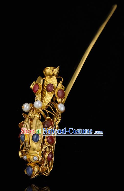 China Traditional Handmade Hair Accessories Ming Dynasty Gems Hair Stick Ancient Queen Golden Cicada Hairpin for Women