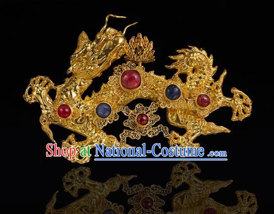 China Traditional Handmade Filigree Hair Accessories Ming Dynasty Golden Dragon Hair Crown Ancient Queen Gems Hairpin for Women