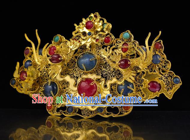 China Traditional Ming Dynasty Golden Cloud Hair Crown Handmade Filigree Hair Accessories Ancient Queen Gems Hairpin for Women