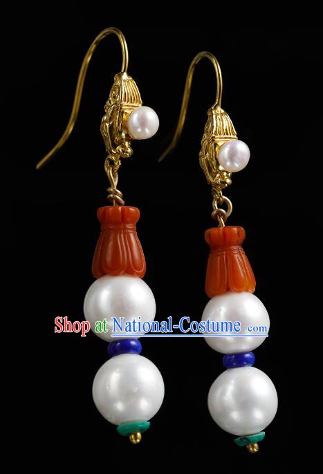 Handmade Chinese Traditional Qing Dynasty Pearls Ear Accessories Jewelry Ancient Court Woman Gourd Earrings