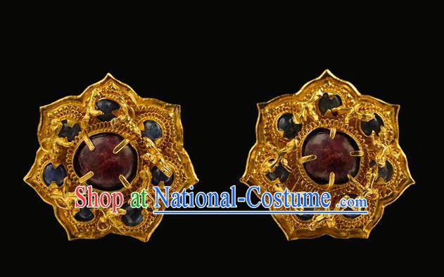 China Traditional Ming Dynasty Filigree Hair Crown Handmade Hair Accessories Ancient Queen Golden Gems Hairpin for Women