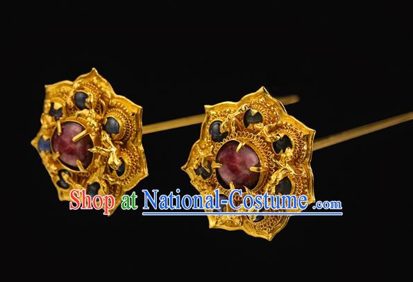 China Traditional Ming Dynasty Filigree Hair Crown Handmade Hair Accessories Ancient Queen Golden Gems Hairpin for Women