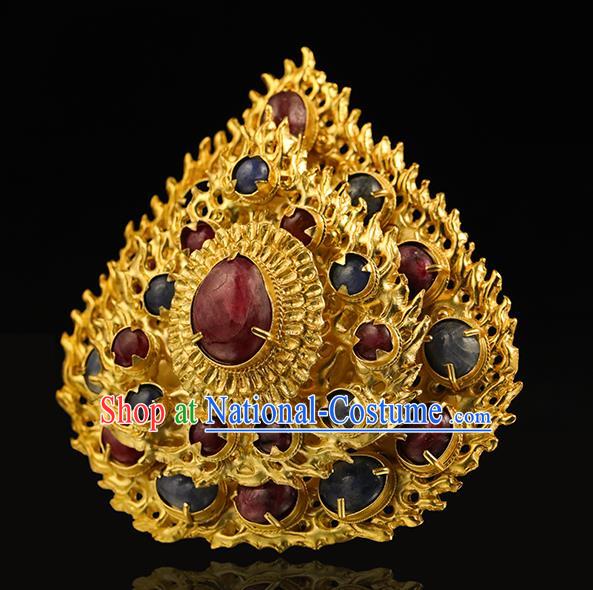 China Handmade Hair Accessories Ancient Empress Golden Gems Hairpin Traditional Ming Dynasty Flame Hair Crown for Women