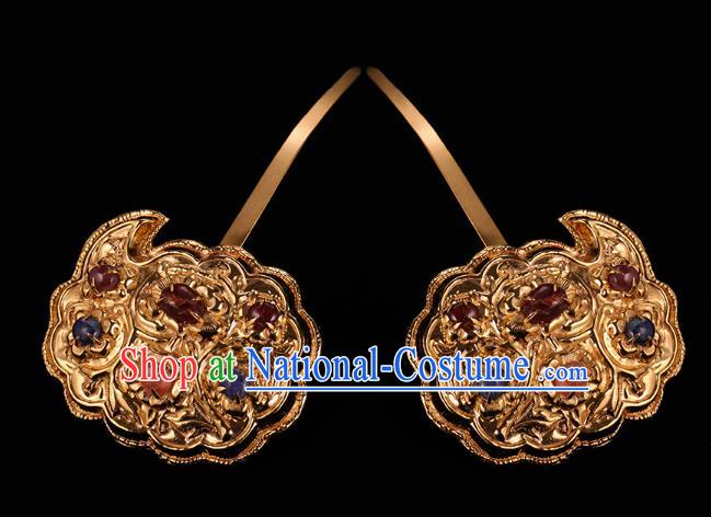 China Handmade Court Hair Accessories Ancient Empress Gems Hairpins Traditional Ming Dynasty Golden Hair Sticks