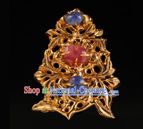 China Traditional Ming Dynasty Gems Hair Crown Handmade Hair Accessories Ancient Queen Golden Hairpin