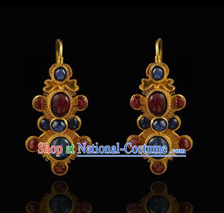 Handmade Chinese Traditional Ming Dynasty Golden Ear Accessories Ancient Court Woman Gems Earrings Jewelry