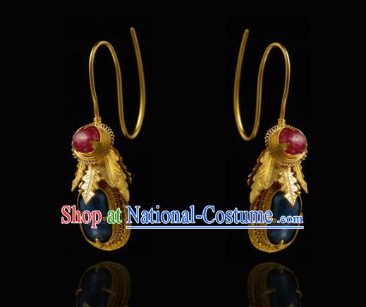 Handmade Chinese Traditional Ming Dynasty Lapis Ear Accessories Ancient Court Woman Golden Earrings Jewelry