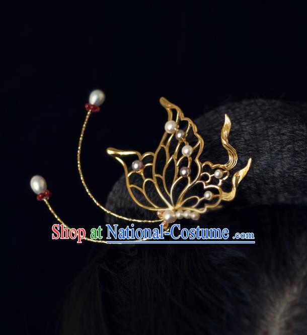 China Ming Dynasty Pearls Butterfly Hairpin Traditional Hanfu Hair Accessories Ancient Noble Lady Xue Baochai Hair Stick