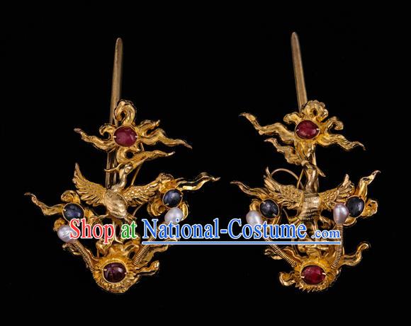 Handmade Chinese Ming Dynasty Court Ear Accessories Traditional Ancient Empress Golden Crane Earrings Gems Jewelry