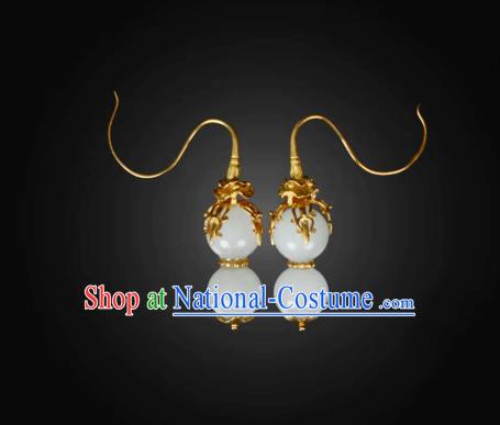 Handmade Chinese Ming Dynasty Jade Gourd Ear Accessories Traditional Ancient Empress Golden Earrings Jewelry