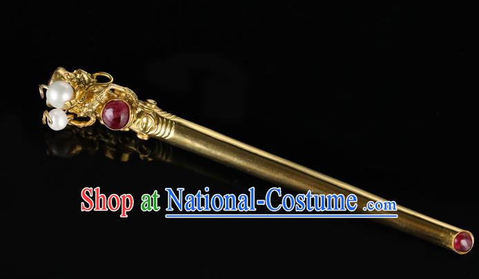 China Ancient Queen Hanfu Gems Hair Stick Handmade Hair Accessories Traditional Ming Dynasty Court Empress Golden Hairpin