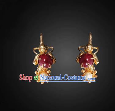 Handmade Chinese Ming Dynasty Pearls Ear Accessories Traditional Ancient Empress Golden Gems Earrings Jewelry