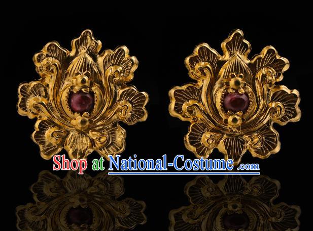 China Traditional Ming Dynasty Gems Hairpin Handmade Hair Accessories Ancient Queen Golden Lotus Hair Sticks