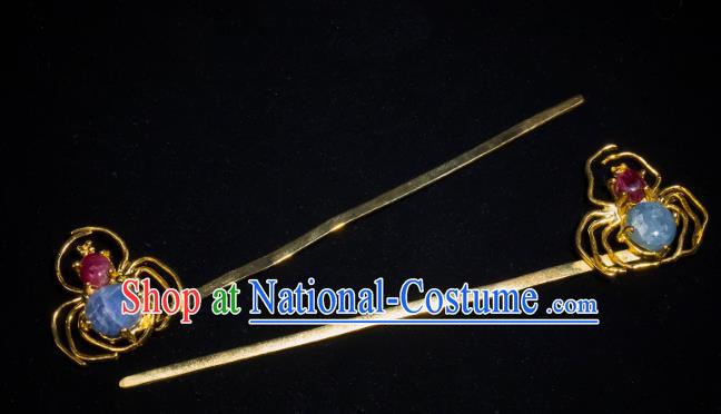 China Ancient Imperial Consort Hanfu Golden Spider Hairpin Handmade Hair Accessories Traditional Ming Dynasty Court Hair Stick