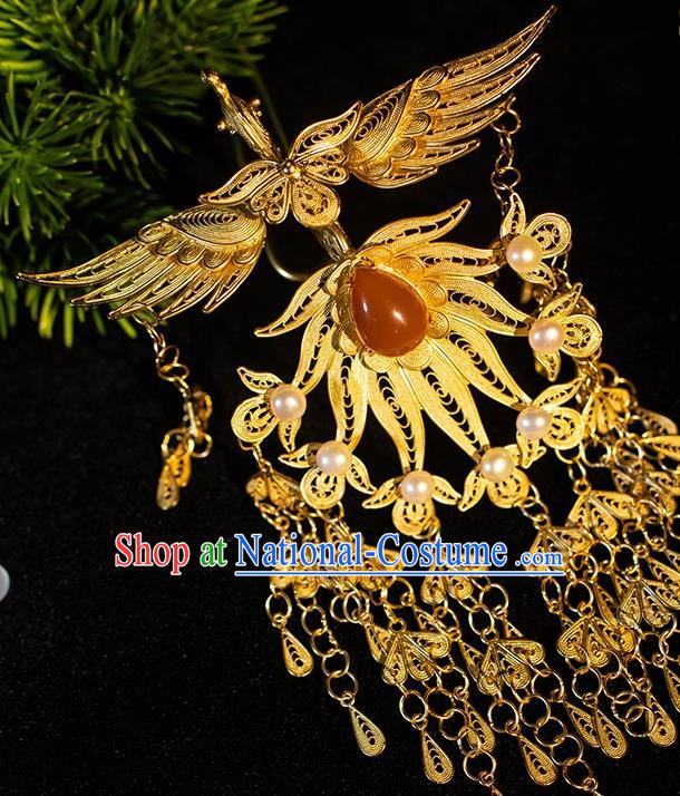 Ancient China Queen Tassel Hairpin Handmade Hair Accessories Traditional Hanfu Ming Dynasty Golden Phoenix Hair Crown