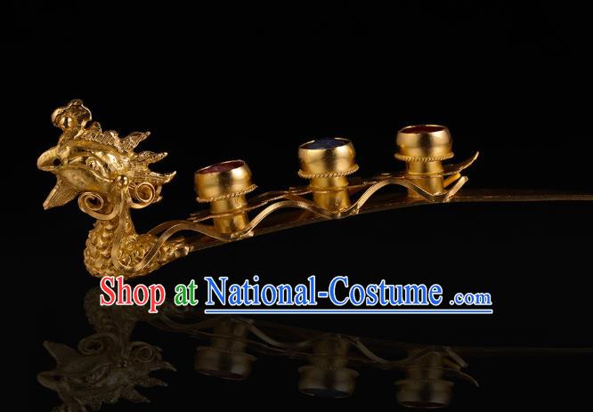 China Traditional Ming Dynasty Golden Phoenix Hairpin Handmade Hair Accessories Ancient Empress Gems Hair Stick