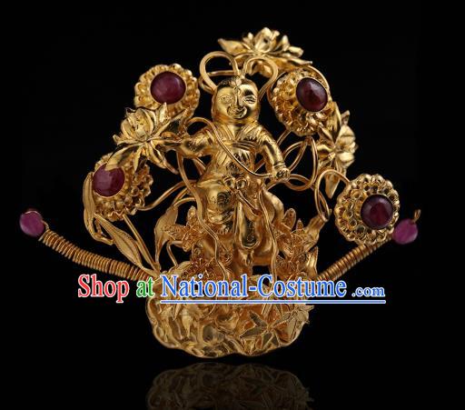 China Traditional Ming Dynasty Gilding Child Hairpin Handmade Hair Accessories Ancient Empress Hair Crown