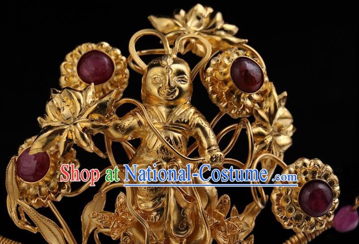 China Traditional Ming Dynasty Gilding Child Hairpin Handmade Hair Accessories Ancient Empress Hair Crown