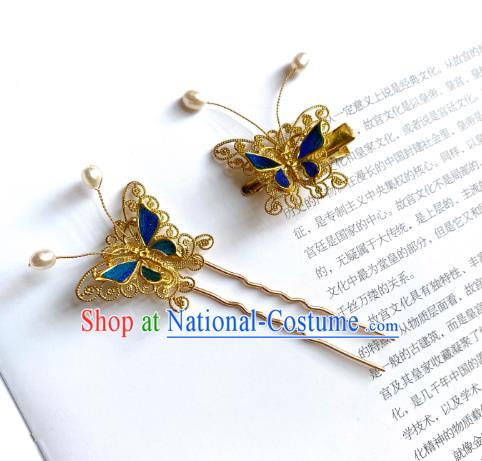 China Ancient Palace Lady Blue Butterfly Hairpin Handmade Hair Accessories Traditional Ming Dynasty Princess Hair Stick