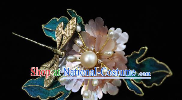 China Ancient Empress Pink Shell Peony Dragonfly Hairpin Handmade Hair Accessories Traditional Ming Dynasty Hair Stick