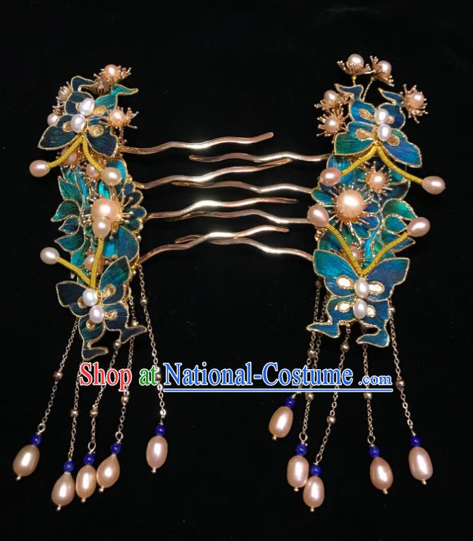 China Ancient Empress Blue Butterfly Hairpin Handmade Hair Accessories Traditional Ming Dynasty Pearls Tassel Hair Combs