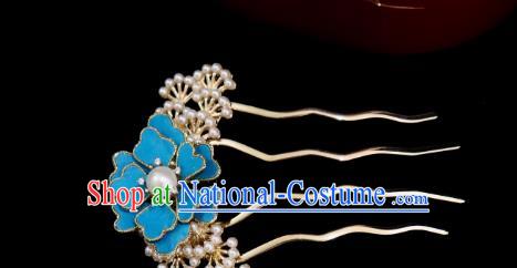 China Ancient Imperial Consort Hairpin Handmade Hair Accessories Traditional Ming Dynasty Palace Blue Peony Hair Comb