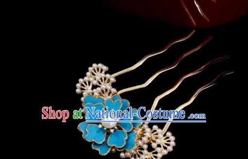 China Ancient Imperial Consort Hairpin Handmade Hair Accessories Traditional Ming Dynasty Palace Blue Peony Hair Comb