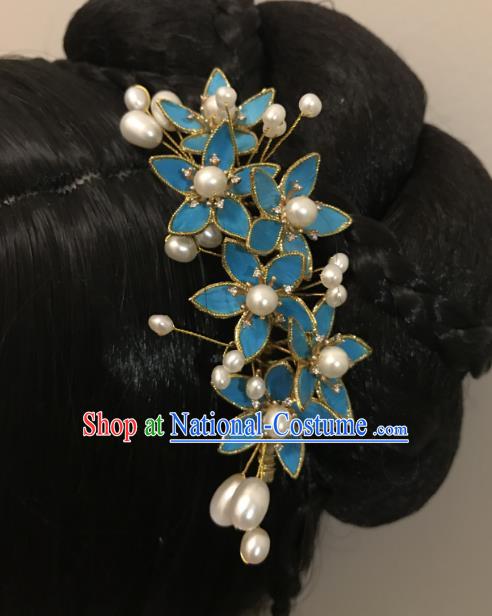 China Ancient Court Lady Blue Flowers Hairpin Handmade Hair Accessories Traditional Ming Dynasty Princess Hair Stick