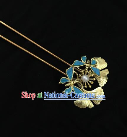 China Ancient Noble Lady Blue Butterfly Hairpin Handmade Hair Accessories Traditional Qing Dynasty Ginkgo Leaf Hair Stick